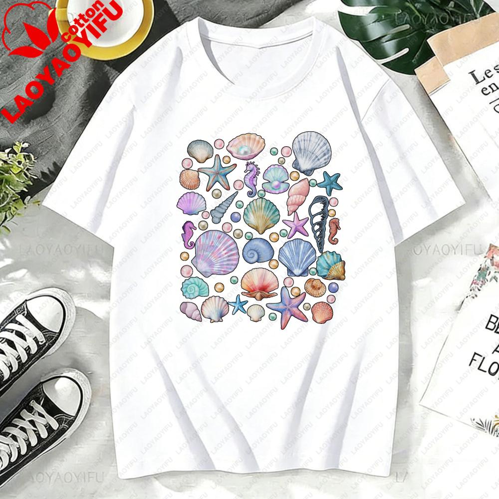 Seashell Pattern Unisex Tshirt Casual Fashion Summer Cotton Short Sleeve Oneck Hot Sale Tops Beach Vacation Clothing Gift Tee