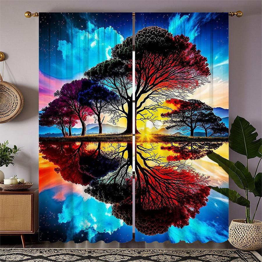 Tree Reflection Pattern Printed Curtains Pole Bag Christmas Decorations Daily Home Room Curtain Made Of Polyester Washable