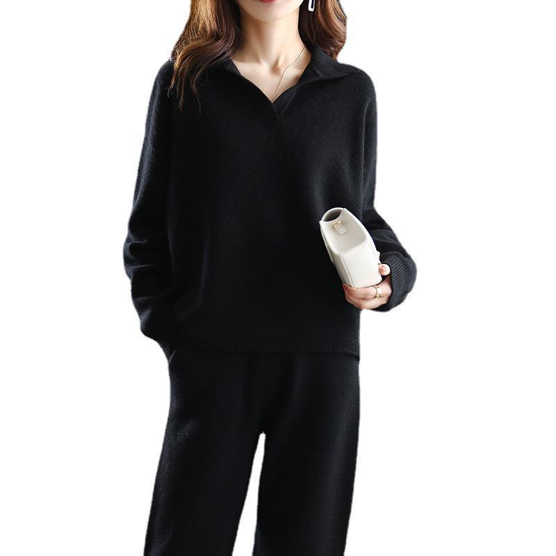 Ensemble Pantalon Tricot Décontracté Ample Coréen à Jambes Larges et Pull Polo Uni pour Femmes - Collection Automne/Hiver Deux Pièces