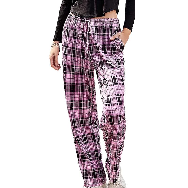 European and American Women's Plaid Print Casual Sleep Pants - Drawstring Loose Fit