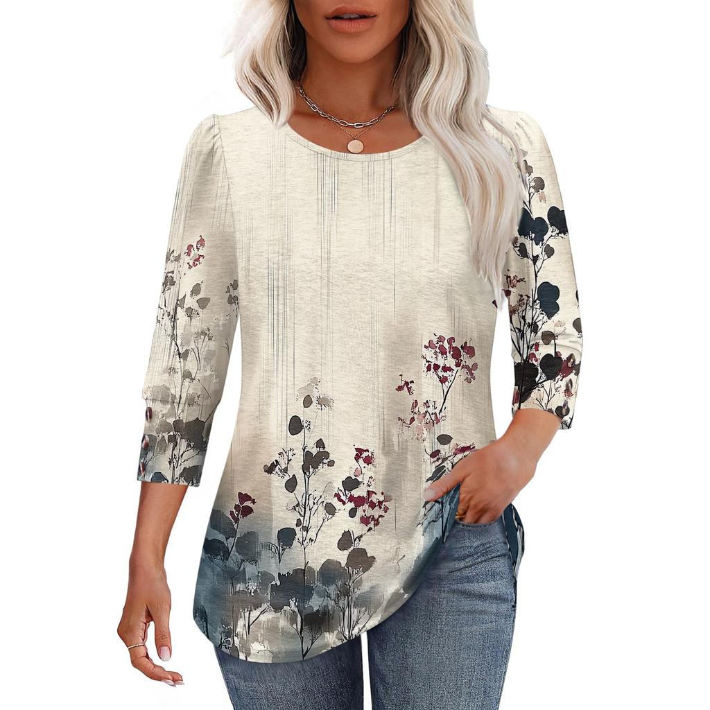 Damen Freizeit lockerer Schnitt Rundhalsausschnitt Oberteil Dreiviertelärm Blumenprint Leichte Bluse für den Alltag
