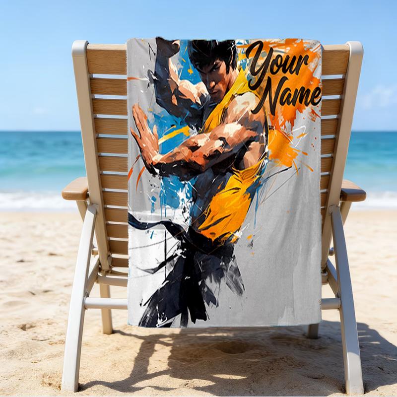Custom Name Beach Towel Dynamic Bruce-Lee Pose Beach Towel, Soft Microfiber, Gift for Her/Him, Birthday, for Pool, Beach, Travel, Fan gifts