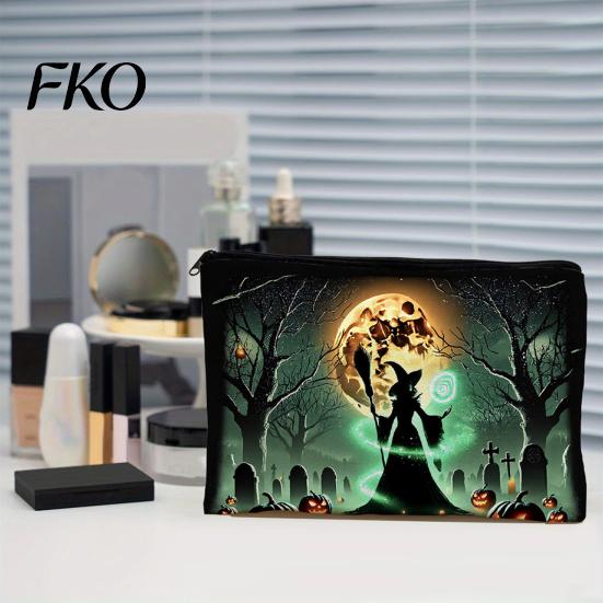 Dark Theme Zipper Bag Storage Bag, with Halloween Witch Castle Print, Large Printed Canvas Organizer Capacity Cosmetic Organizer, for Travel