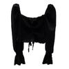 Black Sexy Drawstring Pleat Women Blouse Slash Neck Butterfly Sleeve Cropped Top Hotsweet Elastic Waist Summer Fashion Gothic