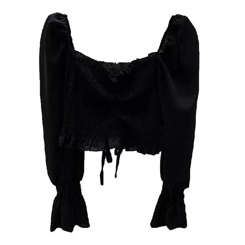 Black Sexy Drawstring Pleat Women Blouse Slash Neck Butterfly Sleeve Cropped Top Hotsweet Elastic Waist Summer Fashion Gothic