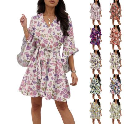 Ladies Summer Casual V-neck Half Sleeve Floral Printed Boutonniere Temperament Casual Dress