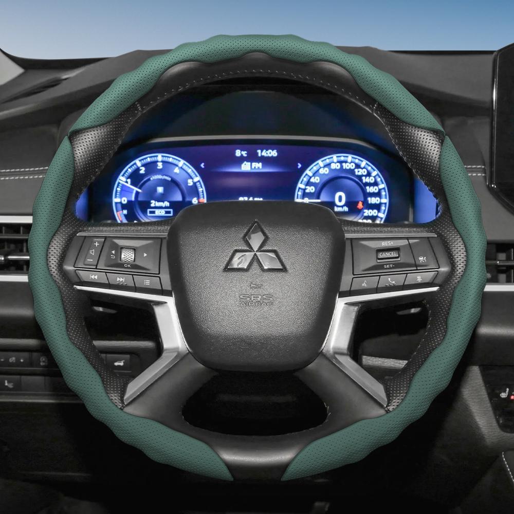 Suitable for Mitsubishi Steering Wheel Cover with Wavy Sports Design, Breathable Leather, Segmented, Non-Slip, Sweat-Absorbent, Suitable for Outlander
