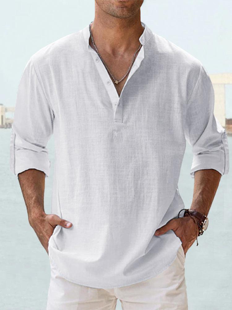 New Cotton Hemp Shirt Loose Men's Casual Shirt Lightweight Long Sleeve Henry Beach Shirt Hawaii T-shirt Large Men's Street Wear