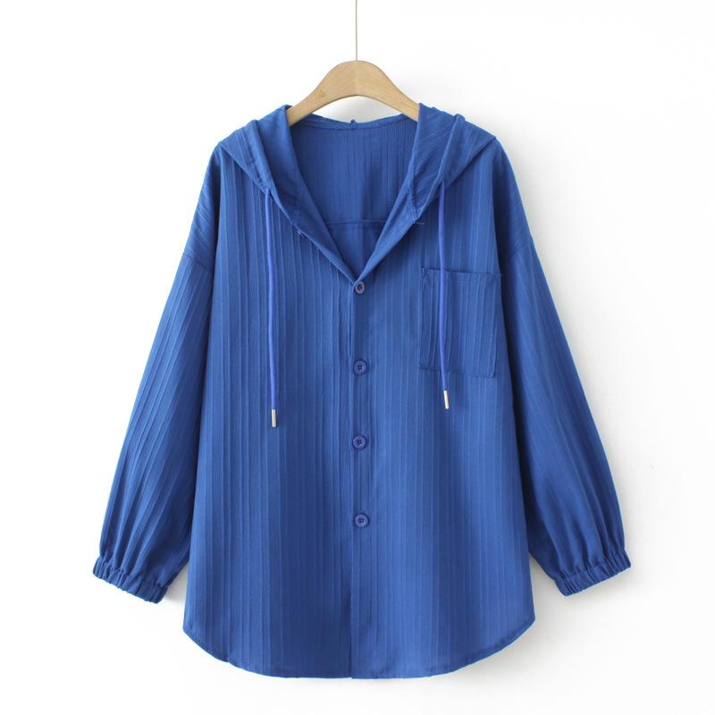 

Long Sleeve Lightweight Loose Women Shirt Hooded Sun Protection Versatile Blouse Spring Autumn Retro Casual Solid Shirt 4XL синій