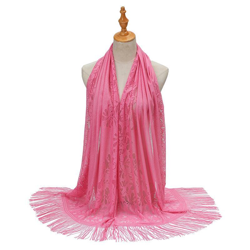

Европейский и американский однотонный шелковый шарф-хиджаб с кисточками и кружевом - летняя шаль для женщин темно-розовый