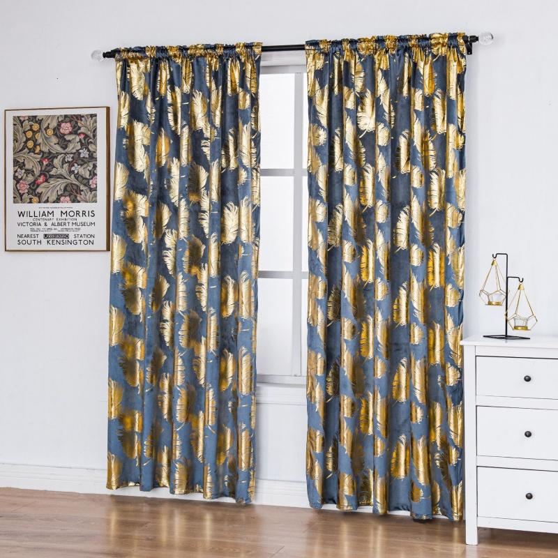

Feather Pattern Blackout Curtains – Velvet Fabric, Gold Foil Accent, Rod Pocket, 1 Panel 1.32m wide * 1.6m high синій