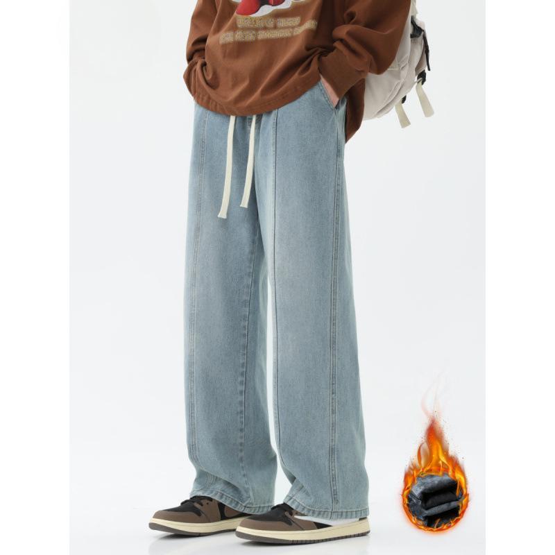Plush Thick Jeans Men's Loose Straight Trousers with Winter Design