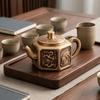 Hexagonal Teapot Mythical Animal Designs Brass Raised Relief Decorative Tea Kettle for Indoor