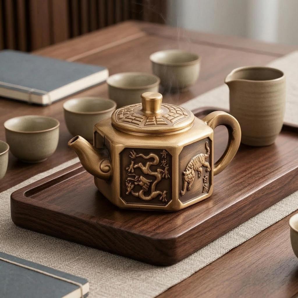 Hexagonal Teapot Mythical Animal Designs Brass Raised Relief Decorative Tea Kettle for Indoor