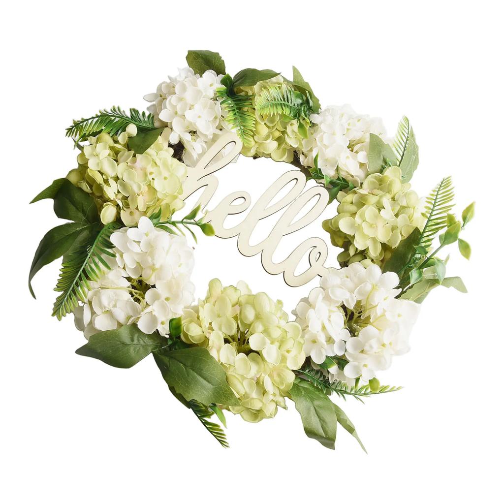 Artificial Hydrangea Wreath with Hello Sign for Indoor Outdoor Wall Door Decor 40cm Silk Flower Ring for Home and Party Setting