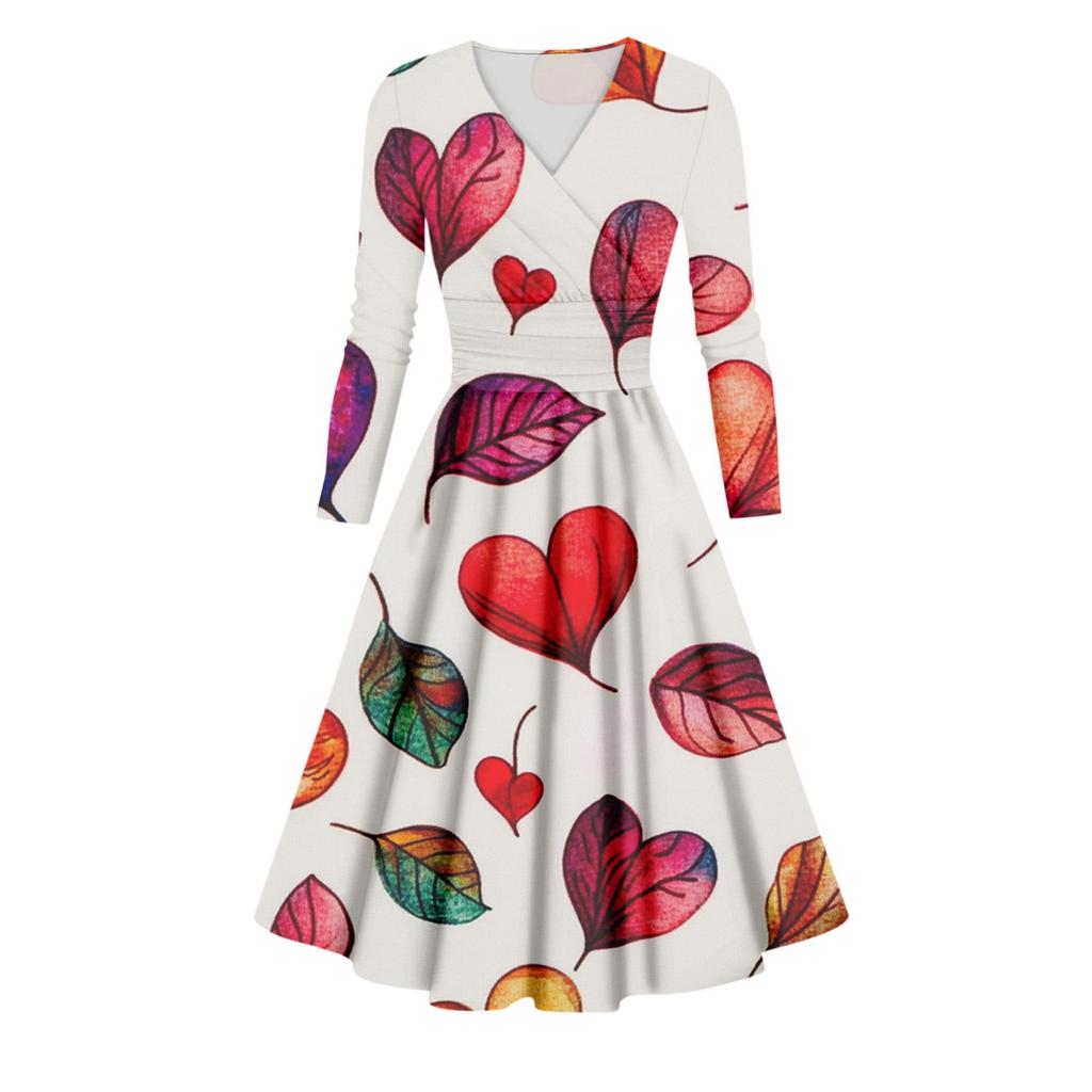 Damenmode Casual Valentinstag Print Langarm V-Ausschnitt Sexy Kleid