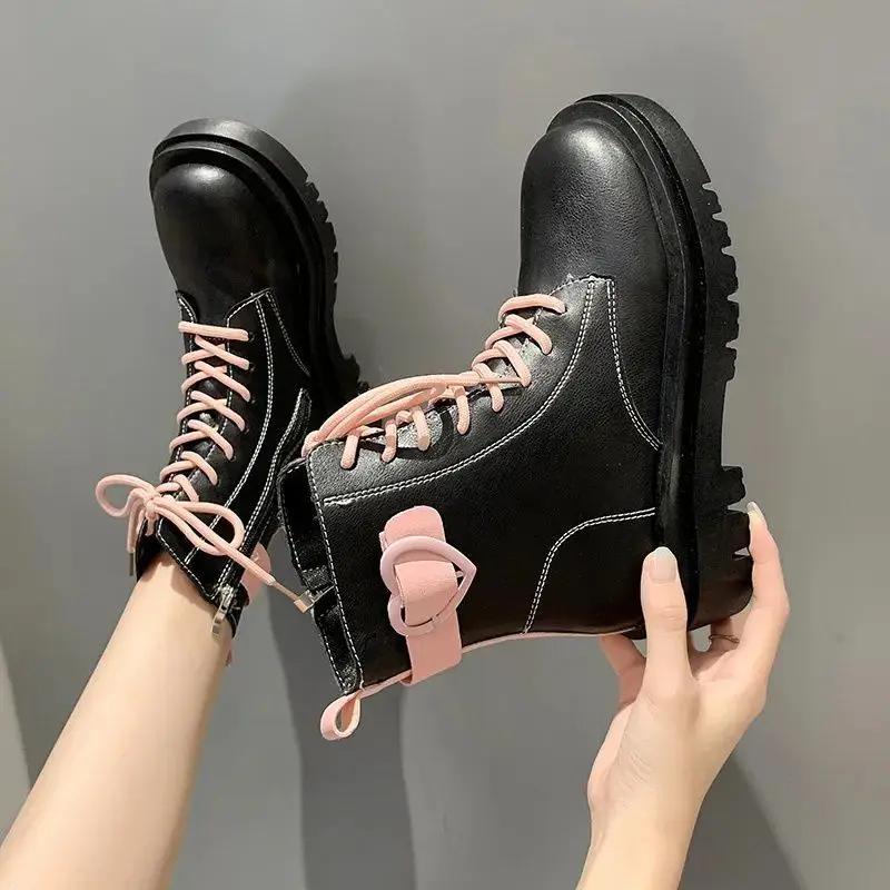 Fashion Ankle Boots for Women Round Toe Platform Cute Chunky Kawaii Booties Pu Comfortable and Elegant Winter 2024 Y2k Woman Short Shoes