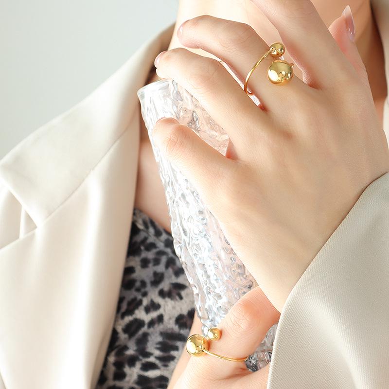 18k Gold-Plated Titanium Steel Women's Ring - A101 Exquisite French-Style Adjustable Bead Design