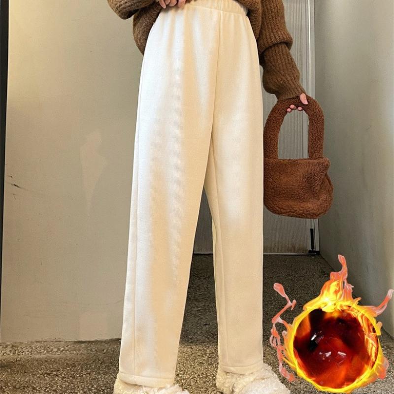Fleece Lined Corduroy Ankle Pants Women Autumn Winter High Waist Sweatpants Loose Harem Straight Wide Leg