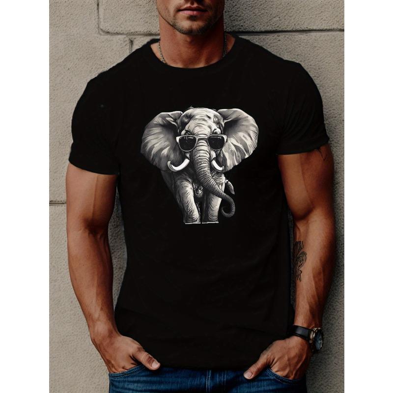 European Size Men's Casual Short Sleeve T-Shirt with Unique Elephant Print - Breathable Polyester, Round Neck, Machine Washable - Perfect for Summer