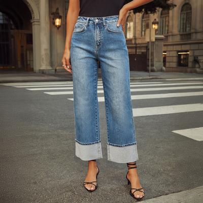 Women Baggy Jeans High Waisted Wide Leg Denim Pants Stretchy Cuffed Hem Straight Boyfriend