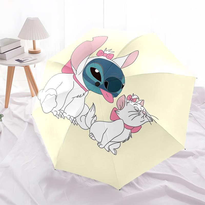 Stitch, AristoCats Automatic Opening and Closing Umbrella - 8 Ribs Portable Folding Umbrella with Plastic Handle, Suitable for Leisure and H