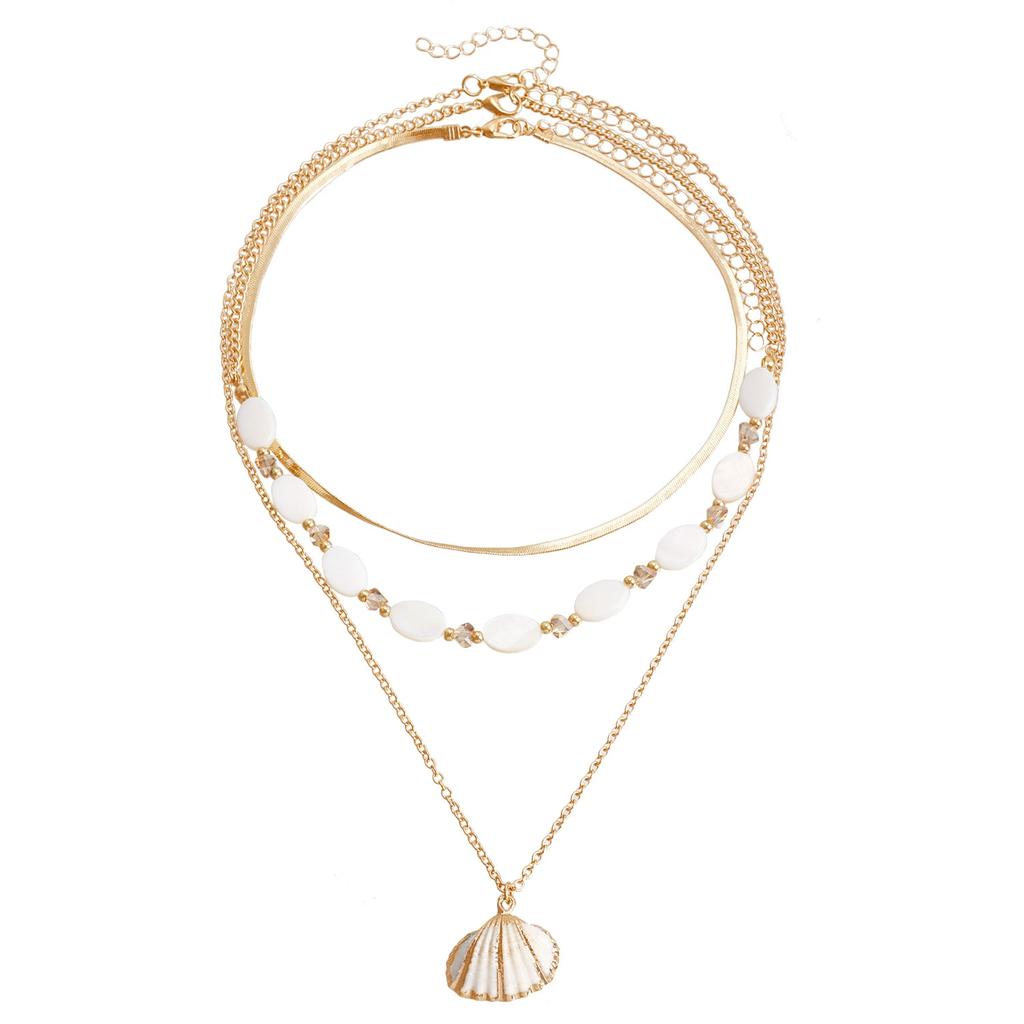 Ocean Wind Shell Multi-layer Stacked Necklace, Retro Vacation Oval Fritillary Beaded Necklace