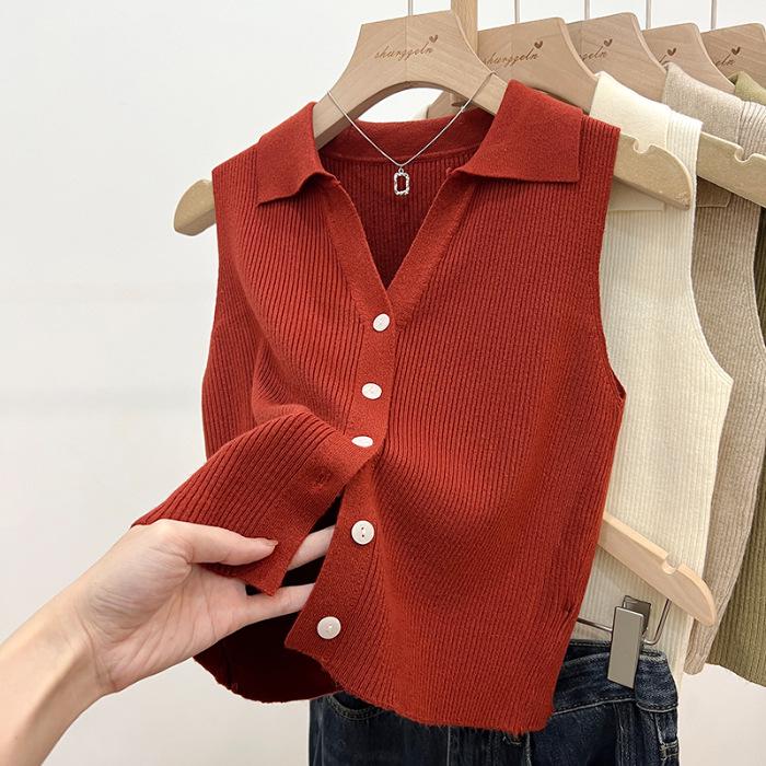 

Women s Summer Chic Sleeveless Ice Silk Polo Collar Slim Fit Knit Camisole One Size красный