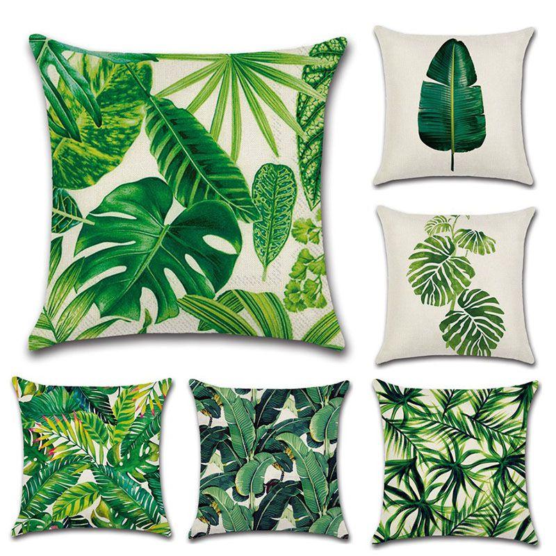 Premium 18'' Green Tropical Plant Pillow Case Cotton Sofa Cushion Cover For Elegant Dcor