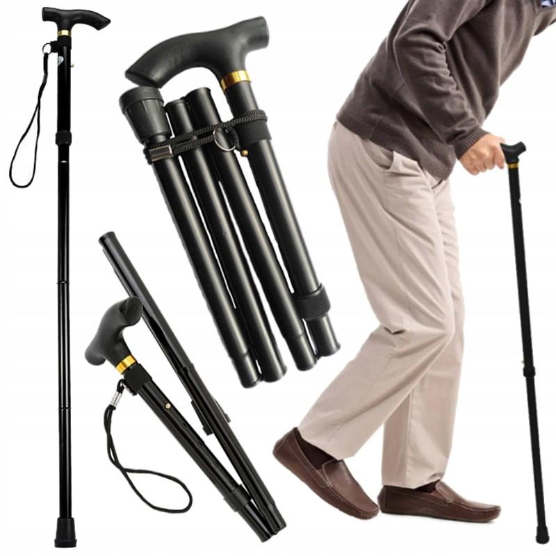 Folding walking stick, adjustable height, aluminum, black