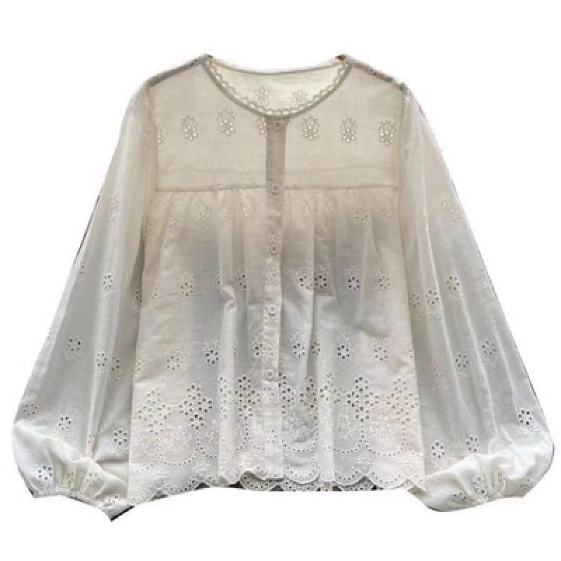 Korean Korean ins style long-sleeved shirt women's spring and autumn new French retro hollow embroidered loose and thin top