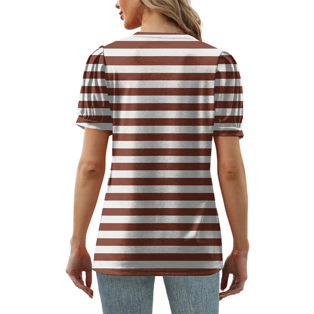 Top da Donna a Righe Stampato T-shirt Casual Larga a Maniche Corte a Sbuffo con Scollo a V