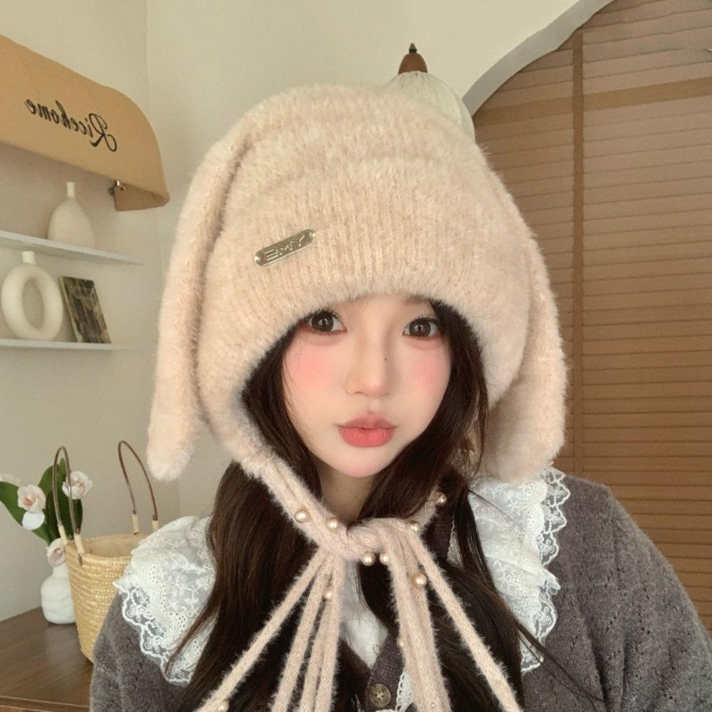 Winter Warm Ear Protector Hat Soft Windproof Rabbit Ear Pullover Cap Thicken Fluffy Big Ears Knitted Cap Winter Season