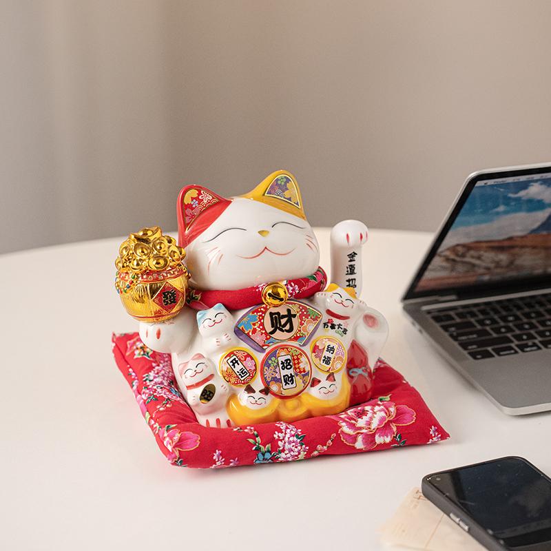 7 Inch Fortune Cat with Waving Arm Ceramic Maneki-Neko Lucky Cats Feng Shui Decor Ornament for Home Office Shop Decoration