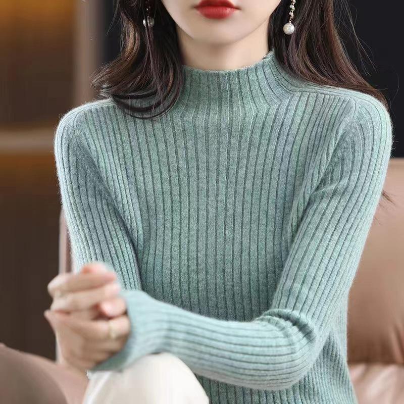 Solid Color Semi-turtleneck Bottoming Shirt Women's Inner High-end Sense Fashion Versatile Vertical Stripe Slim-fit Knitted Sweater Spring