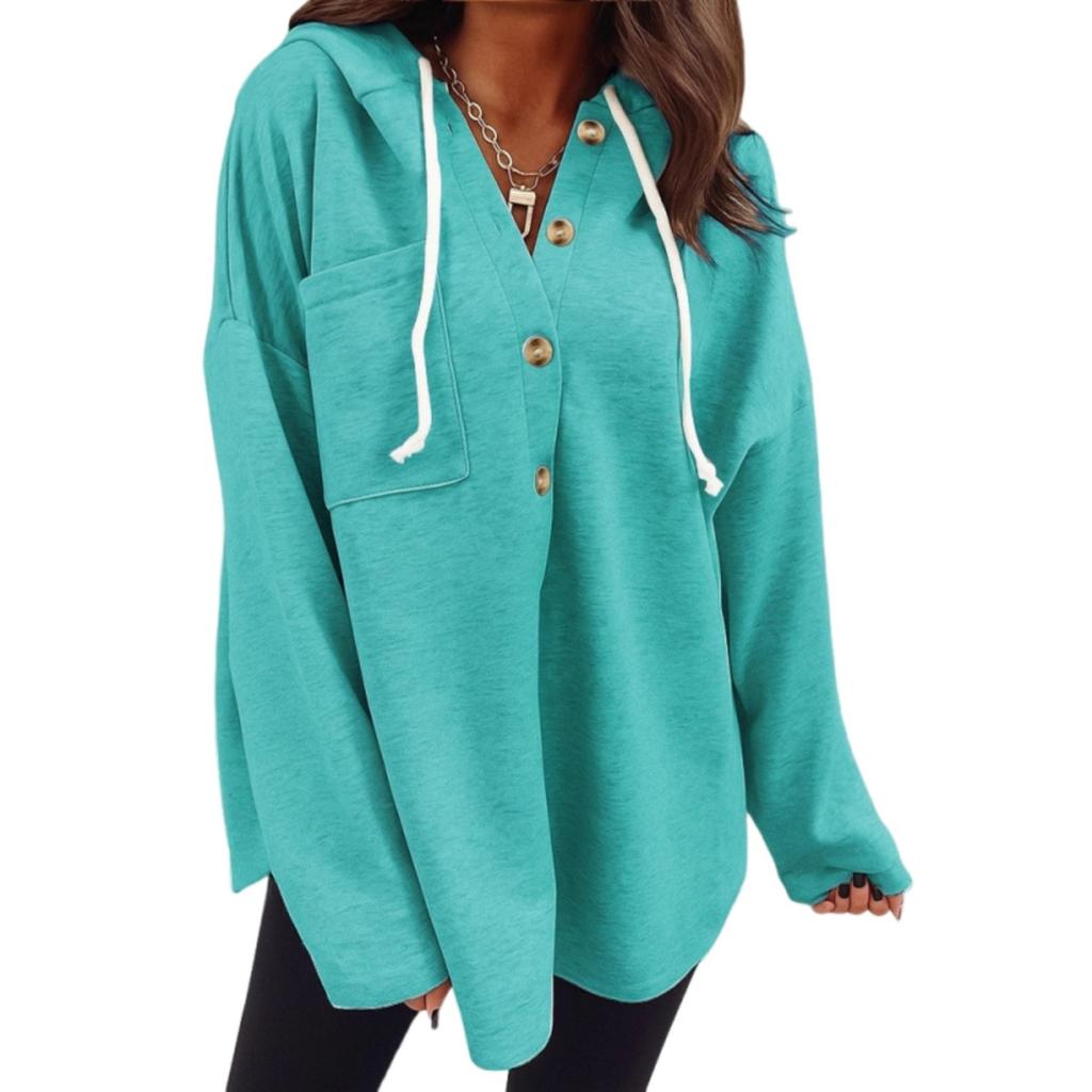 Damen Casual V-Ausschnitt Kapuzenpullover mit Taschen, Pullover, Lockere Passform, Einfarbig, Langärmige Oberbekleidung