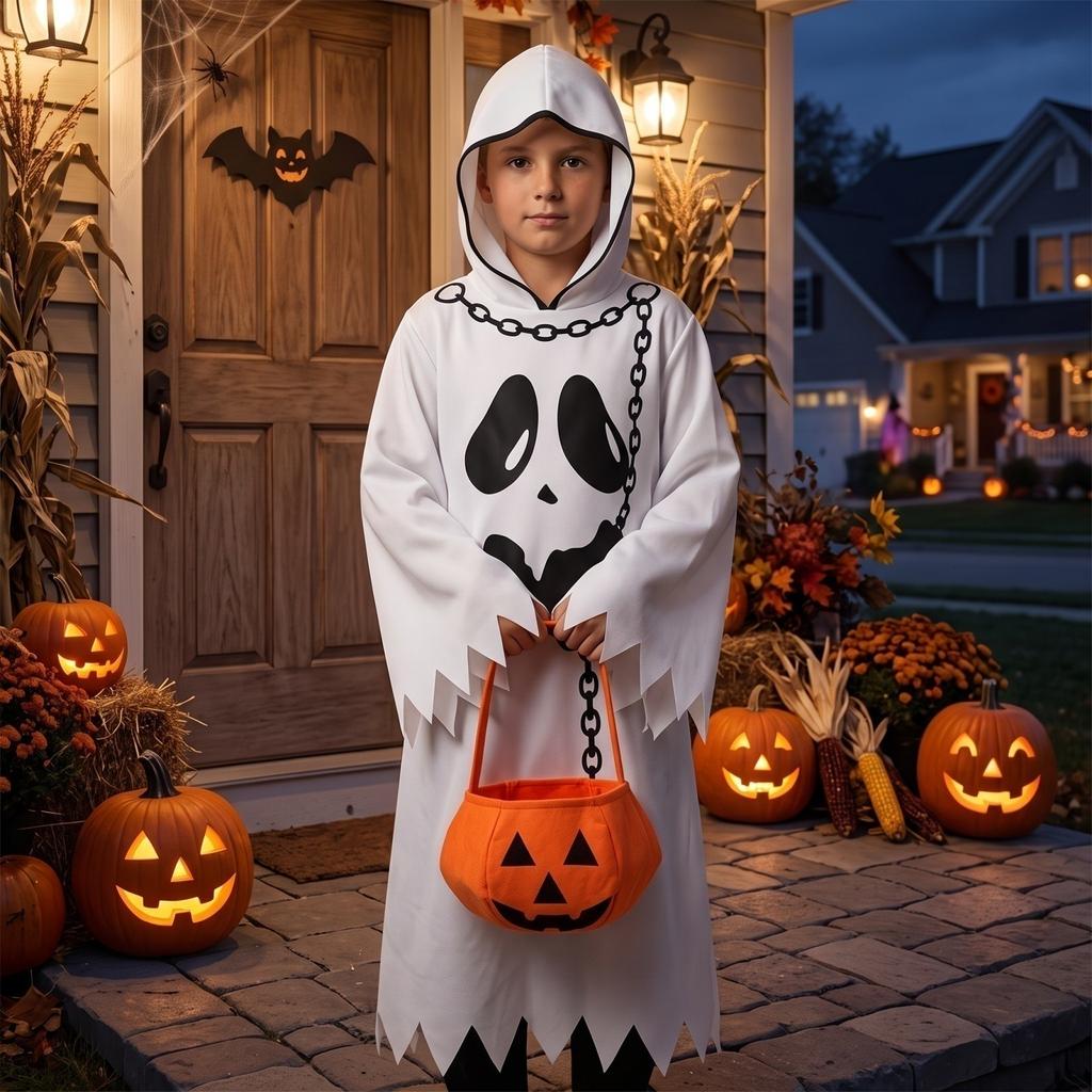 Children's Halloween Costume Set - in the Dark Cloak with Pumpkin Bag