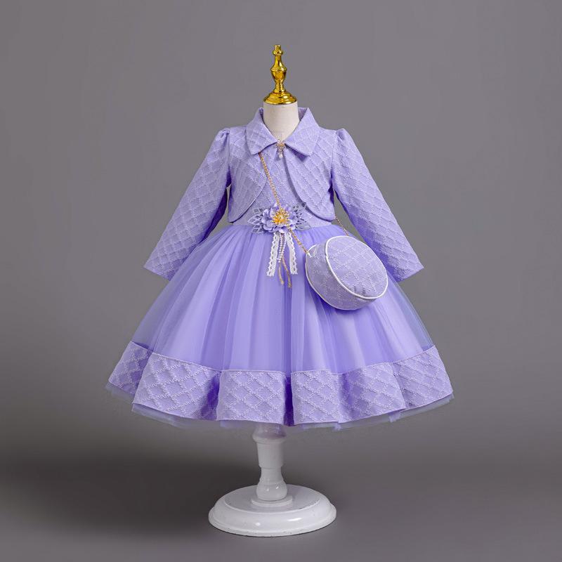 3dílné nové dívčí princeznovské šaty vyšívané s dlouhým rukávem elegantní dívčí šaty dětská narozeninová párty šaty + taška