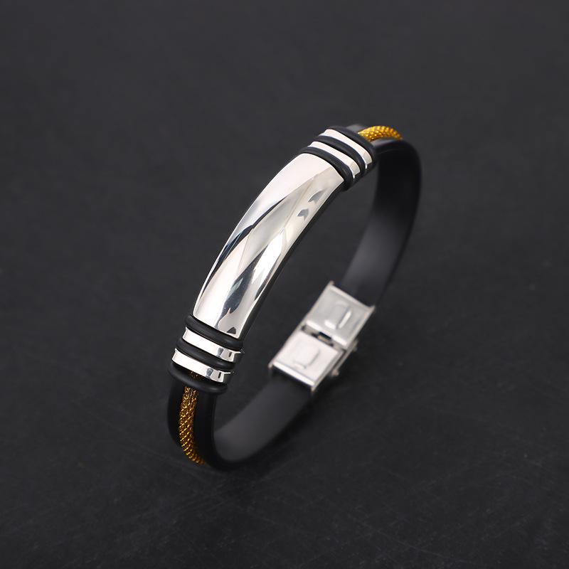 Pánský černý stříbrný zlatý náramek z titanové oceli a silikonu s gravírovanou nerezovou ocelí