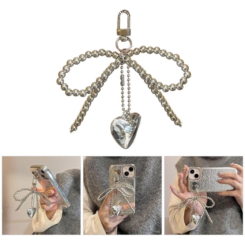 Cute Bead Bowknot Heart Keychain Pendant Lovely Hanging Decorations Keyring Charm for Purse Bag Backpack Handbag