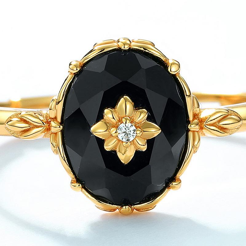 New Japanese and Korean Style Fashionable Black Agate Ring with Retro Pattern S925 Pure Silver Ring