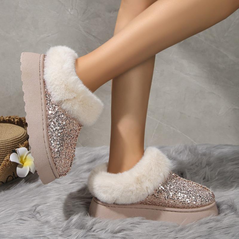 Women's Plus Size New Autumn Winter Chunky Sole Thickened Furry Snow Boots Sequin Upper
