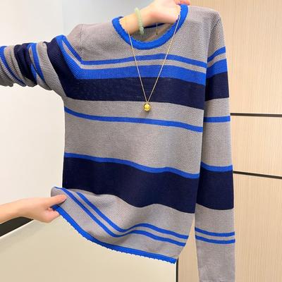 Autumn and Winter Contrasting Stripes Hollow Long-sleeved Knitted Sweater Women's Bottom Sweater