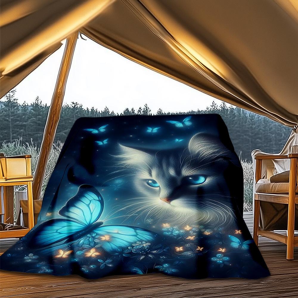 1pc Butterfly Cat Night Throw Blanket Polyester Fiber, Lightweight Flannel, Soft & Warm, All Season Use for Outdoor, Camping Digital Print