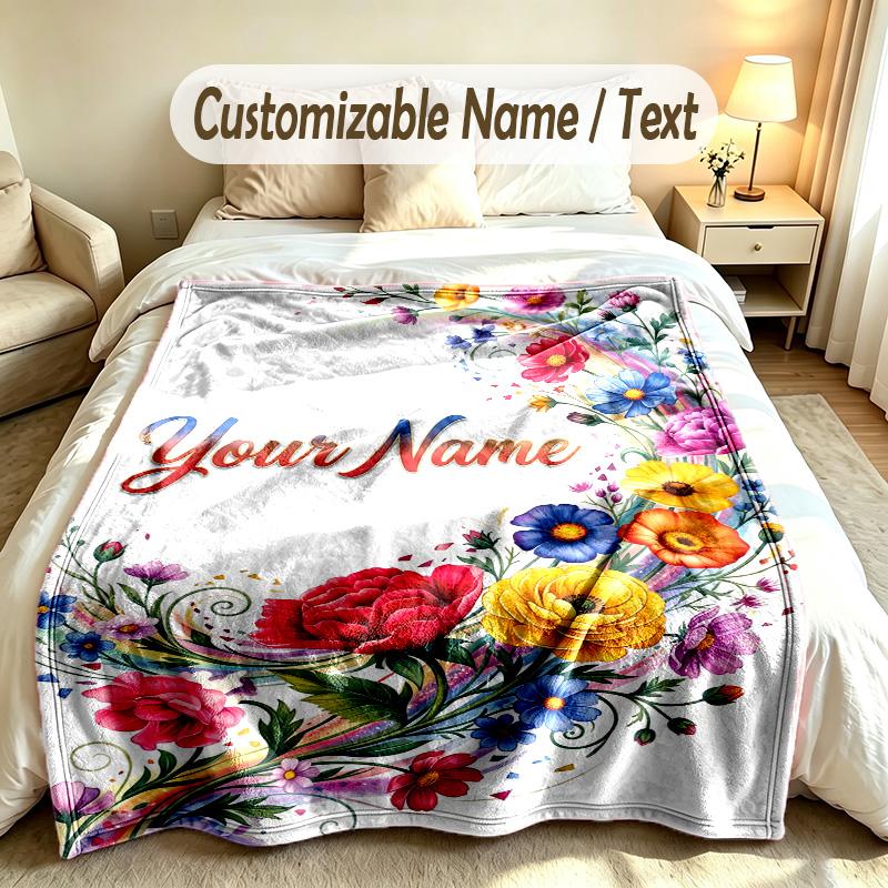 Floral Garden Theme Soft Blanket Personalized Custom Name Text Print Warm Blanket Home Sofa Bedroom Decor