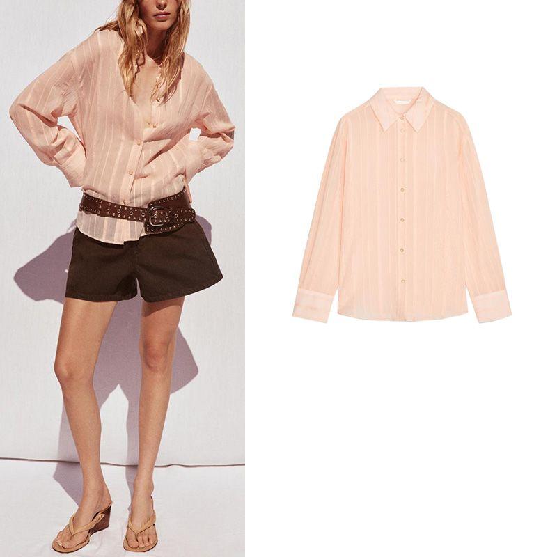 Summer New Product Women's Clothes Single Row Multi-Buckle Stripes Elegant Minimalist Long Sleeve Lapel Shirt Tops 3564069