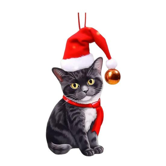 Christmas Cat Ornament Cartoon Cat with Santa Hat Pendant 2D Flat Acrylic Christmas Tree