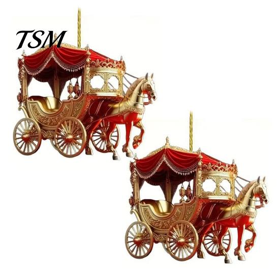 Flat Hanging Ornament 2 Pcs Carriage Christmas Horse with Sleigh Decor 2D Acrylic Xmas Tree for Winter Home Durable Decoration