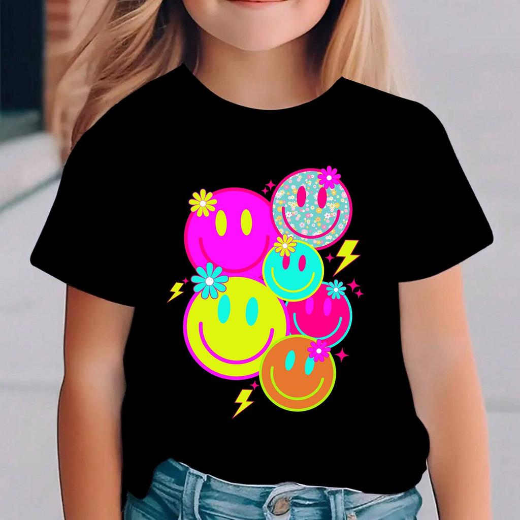 Cartoon Smiley Face Print Short Sleeved Girls Tee Soft Fabric Crew Neck Casual Outfit for Outdoor Trips and Daily Use
