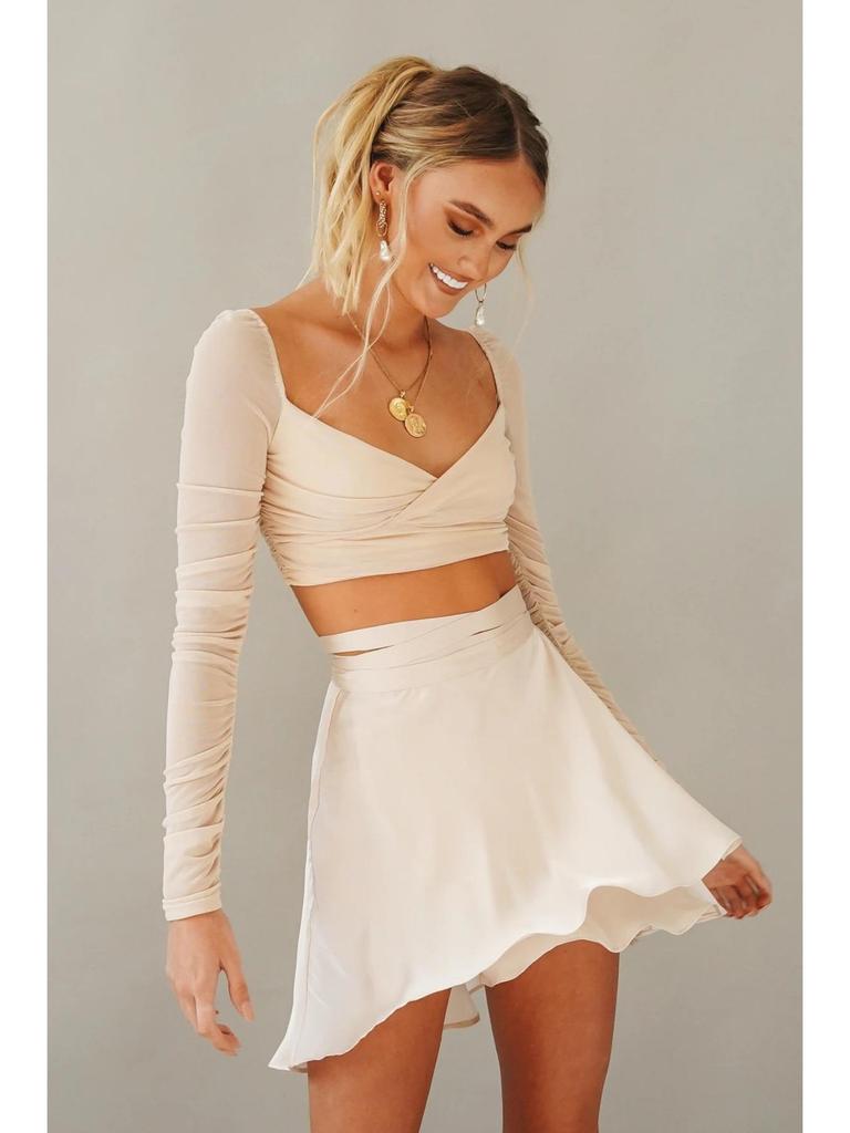 Einfarbiger Rock mit hoher Taille, modischer, einteiliger Schnür-Kurzrock, Chiffon-Satin-umwickelter Minirock
